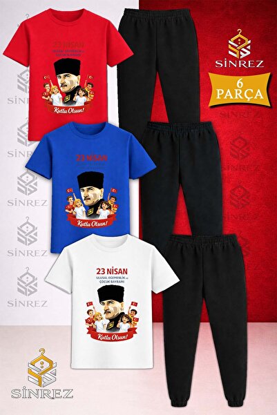 SİNREZ Children's Ata Portrait Children 23 April Printed 3-Piece T-Shirt Trac...
