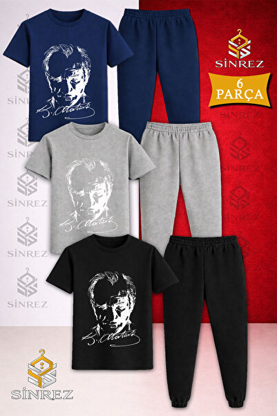 SİNREZ Children's Ataturk Signed White Printed 3-Piece T-Shirt Tracksuit Set