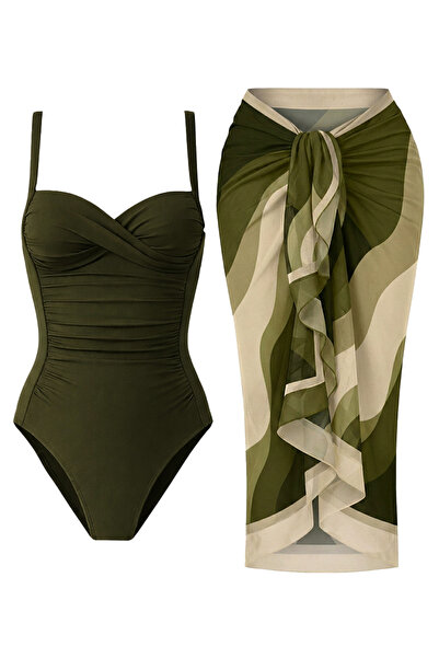CUPSEA Γυναικείο μαγιό εφέ σύσφιξης ντραπέ Χακί Μαγιό Green Wave Με σχέδιο Pa...