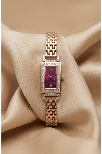 KLISHE Butik ساعة نسائية ستيل مرصّع بالأحجار لون ذهبي، مينا أحمر كلاريت، هيكل...