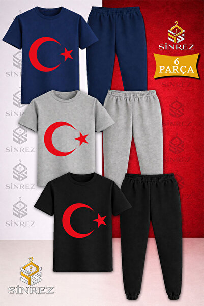 SİNREZ Children's Moon Star Red Printed 3-Piece T-Shirt and Tracksuit Set