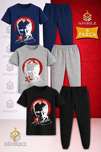 SİNREZ Children's Ataturk Red Moon Star White Printed 3-Piece T-Shirt and Tra...