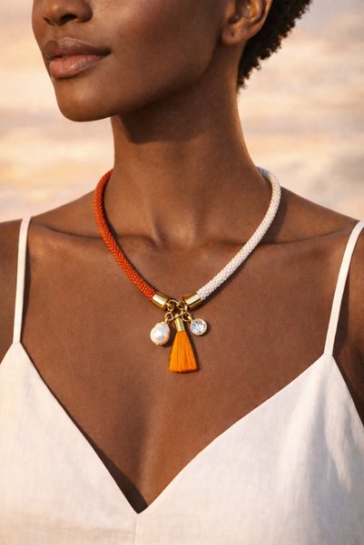 db DİLEK BAŞ TASARIM Orange White Beaded Women's with Pearl and Tassel Detail