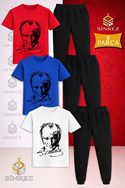 SİNREZ Children's Ataturk Signed Black Printed 3-Piece T-Shirt and Tracksuit Set