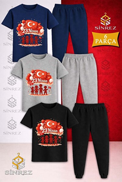 SİNREZ Children's Children's Golge El Ele 23 April Printed 3-Piece T-Shirt an...
