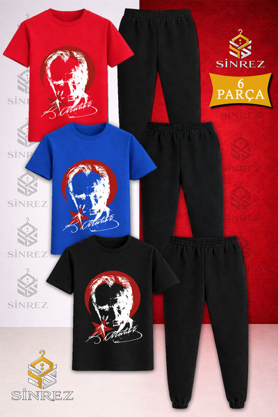 SİNREZ Children's Ataturk Red Moon Star White Printed 3-Piece T-Shirt and Tra...