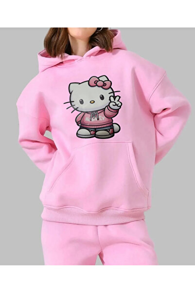 Jone Collection 87 Kadın Oversize Hello Kitty Desenli Fit Kapşonlu Kanguru Ce...