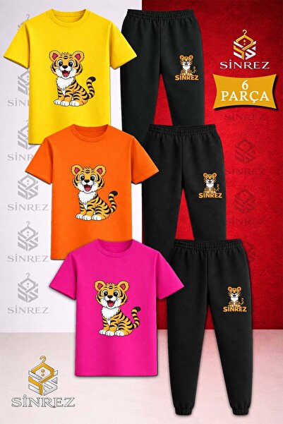 SİNREZ Children's Tiger Sitting Printed 3-Piece T-Shirt and Tracksuit Set