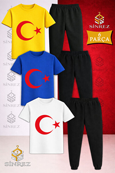 SİNREZ Children's Moon Star Red Printed 3-Piece T-Shirt and Tracksuit Set