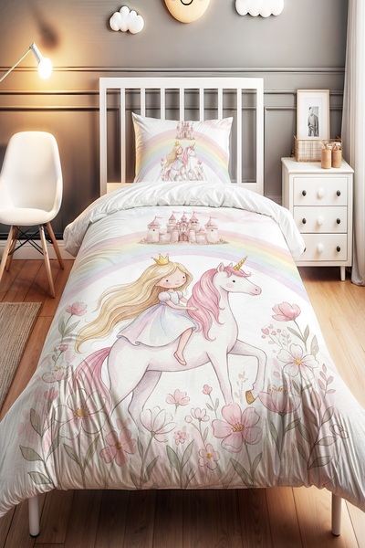 EVPANYA Unicorn Prensesi Desenli Tek Kişilik Bebek Çocuk Nevresim Seti