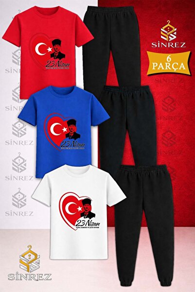 SİNREZ Children's Ata Heart 23 April Printed 3-Piece T-Shirt Tracksuit Set