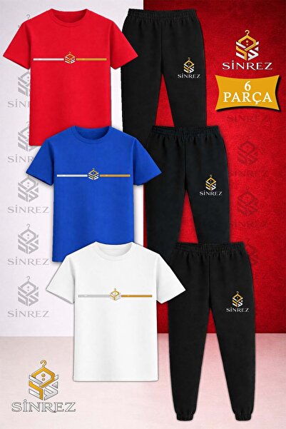 SİNREZ Children's Logo Yan Tek Cizgi Printed 3-Piece T-Shirt and Tracksuit Set