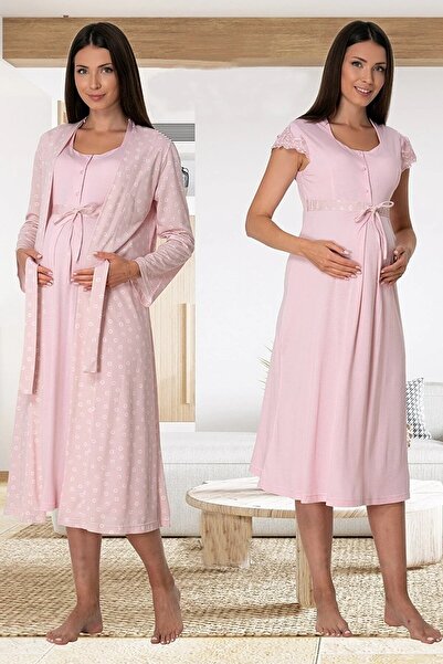 Effortt Dvina Lohusa Hamile Desenli Sabahlık ve Kısa Kollu Gecelik Takımı - 2...