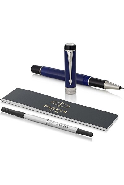 Parker قلم حبر جاف كلاسيكي من دوفولد، أزرق وأسود مع حواف كرومية، إصدار دولي