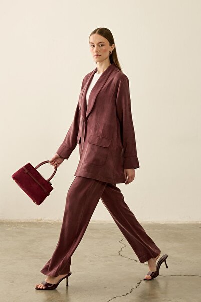 Hilay Celine Ceketli Fleto Detaylı Pantolonlu Takım MÜRDÜM