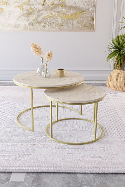 Cos.kim Milas Orta Sehpa 75-60 cm Mat Gold Metal - Traverten Desen Tabla