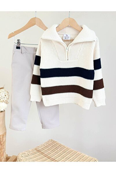 Butik Trend Children's Striped Half Zipper Knitwear Sweater and Beige Gabardi...