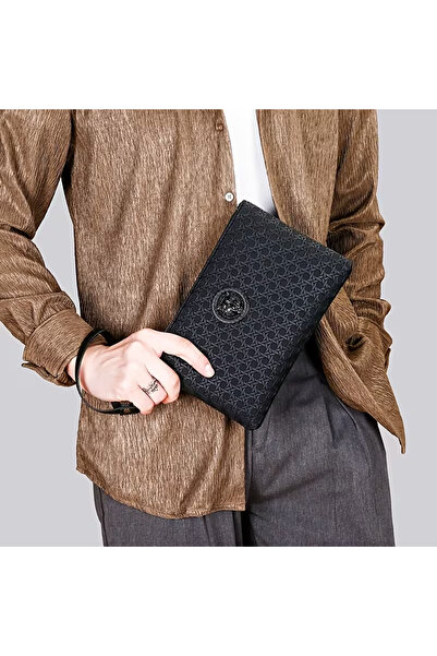 AMD BAG Men's Clutch Bag, Black, Woven Pattern, Leather