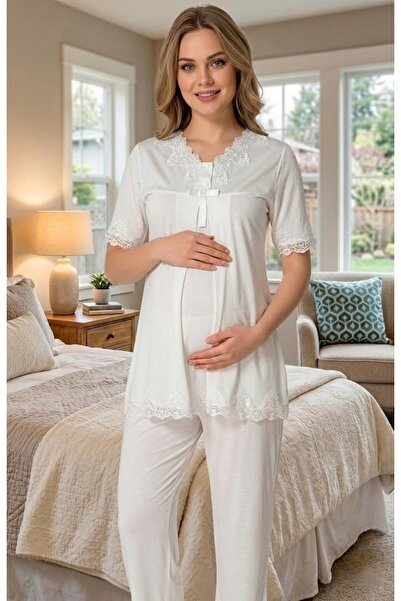 BLACKMORE Women's Ecru Special Design Lace Piece Short Sleeve Cotton Piece Ma...