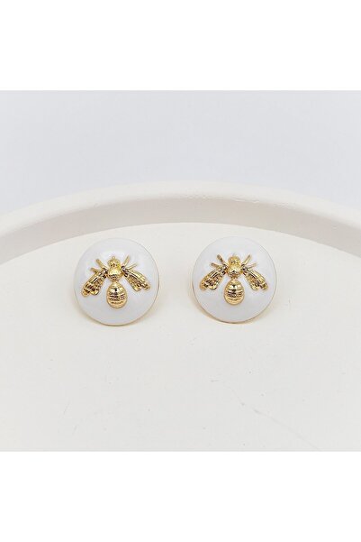 shop White Enamel Gold Bee Embroidered Vintage Earrings