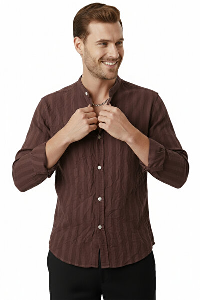 DeepSEA Καφέ Πουκάμισο Ανδρικό Πουκάμισο με Γιακά Με υφή Χαρακτηριστικά Καμπυ...