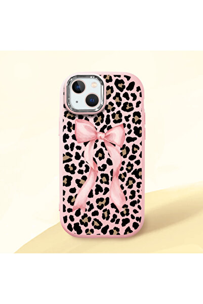 ucuc iPhone 13/14 Uyumlu Darbe Emici Kamera Korumalı pembe Silikon Kılıf Leop...