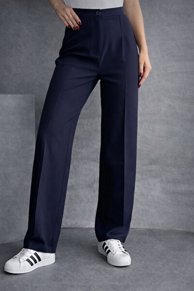Heyya Women's High Waist Classic Navy Blue Fabric Trousers