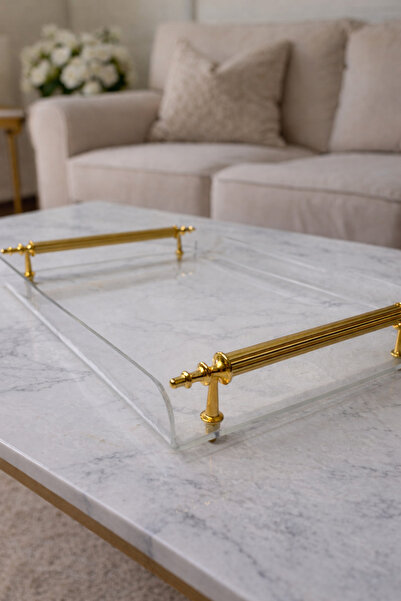 PLEKSİ ORGANİZER Şeffaf Pleksi Gold Kulplu İki Kişilik Sunum Tepsisi - 30x22