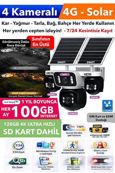IDS 4 Kamera 20MP Güneş Enerjili 4G Güvenlik Kamerası 1200GB İnternet 128GB S...