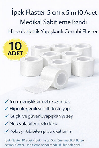 Genel Markalar İpek Flaster 5 cm x 5 m 10 Adet Medikal Sabitleme Bandı Hipoal...
