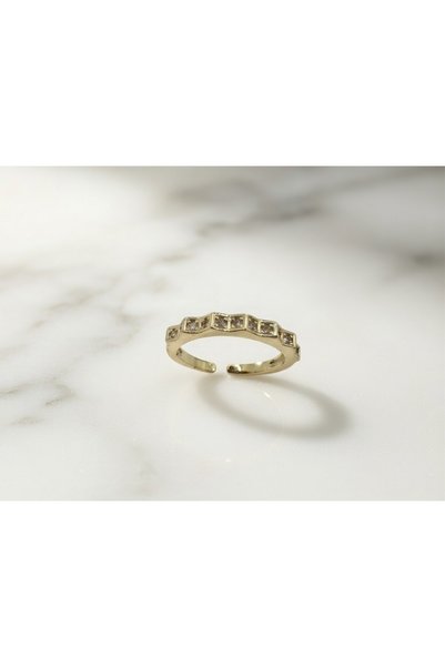 ahsenaksesuar2025 Zircon Stone Baguette Model Gold Color Adjustable Steel Rin...