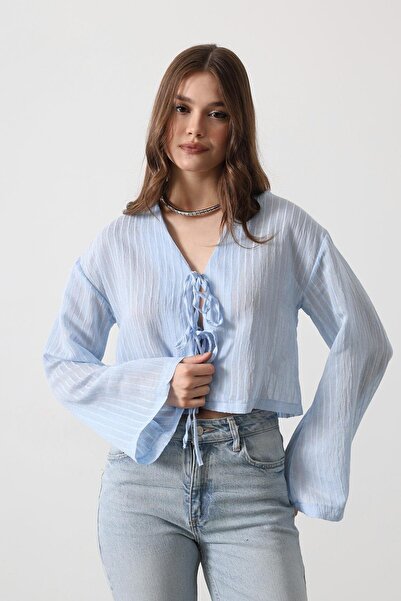SHILSEE BEUTİQUE Women's Sheer Lace-Up Blouse Baby Blue