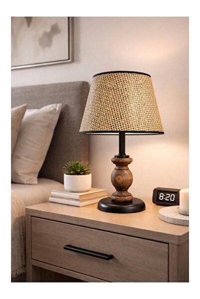 DEDE مصباح ميمبري أسود مع غطاء من الخشب الطبيعي وشريط أسود وغطاء من الخيزران ...