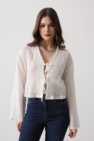 SHILSEE BEUTİQUE Women's Sheer Lace-Up Blouse White
