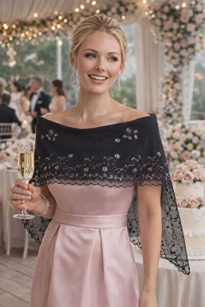 OEM Esarfa Eleganta Neagra cu Broderie si Paiete, Voal Transparent, Accesoriu...