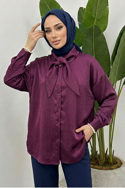 adamila Kadın Mürdüm Fiyonk Detaylı Saten Oversize Tesettür Tunik Gömlek Uzun...