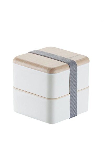 Arabest Square 2-Layer Lunch Box with Tableware, 1.4L Capacity, White