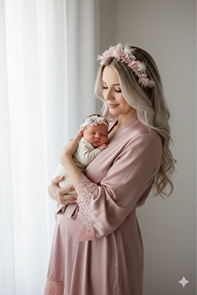 Saule Pudra Somon Lohusa Anne Tacı ve Yenidoğan Bebek Bandı Seti – Çiçekli Tü...