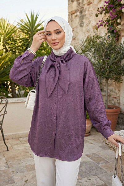 adamila Kadın Gül Kurusu Fiyonk Detaylı Saten Oversize Tesettür Tunik Gömlek ...
