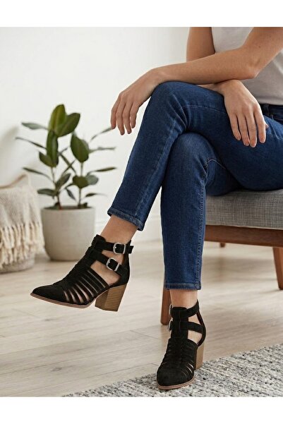 Afilli Women's Black Sexy Buckled Sheer Short Block Heel Zipper Stylish Weste...