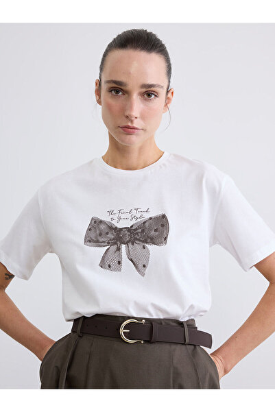 LC Waikiki Γυναικείο μπλουζάκι Özmarka New Season Crew Neck Bow με τύπωμα