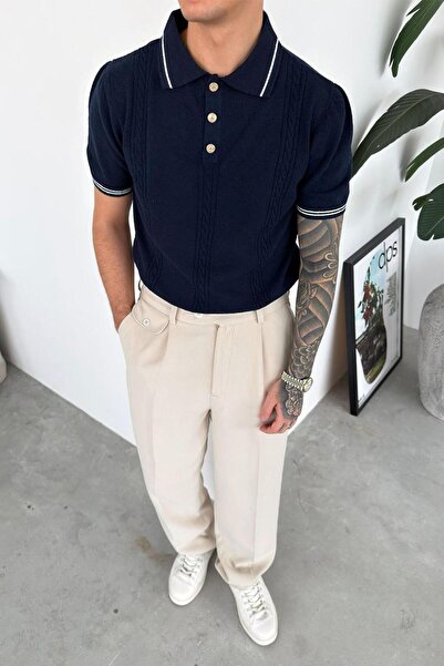 HAFKAGİYİM Синій елегантний контрастний смугастий поло з коміром-стійкою