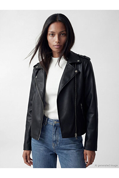 LC Waikiki Black Biker Collar Women's Leather Look Jacket