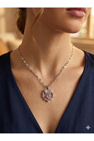bijoux uniques kadın kalp içinde kalp kurdele zirkon taşlı 316L çelik kolye