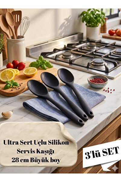 HZL HOME 3'lü Silikon Büyük Boy Silikon Kaşık Seti 28 cm
