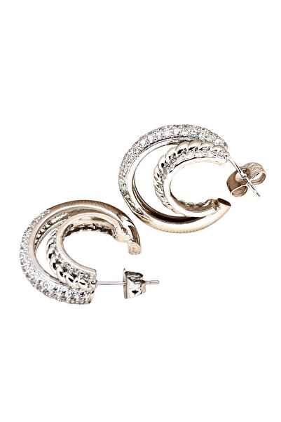 Siya Silver Zircon Stone 3 Row Design Hoop Earrings