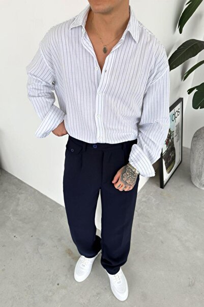 HAFKAGİYİM Бяла ленна риза с големи размери и ивици