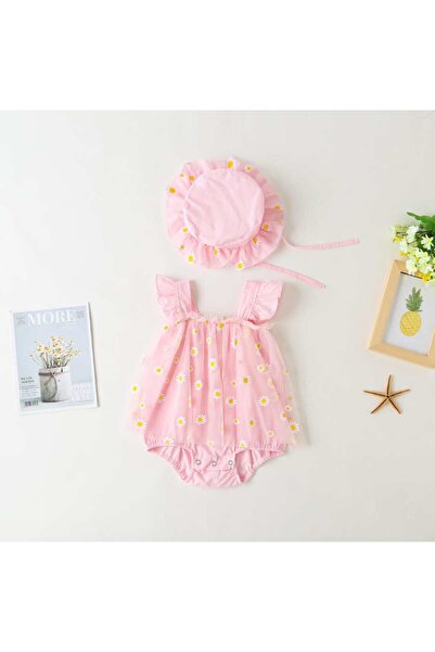 OEM Розова рокля и шапка, 100% памук, с флорален десен