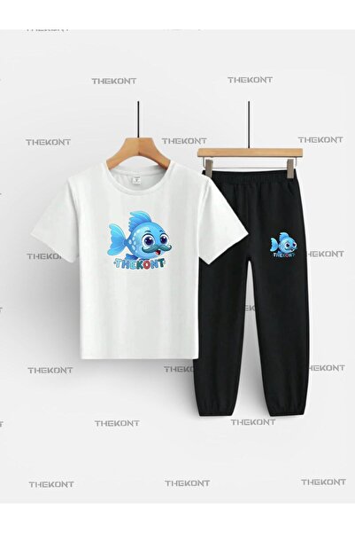 THEKONT طقم أطفال مطبوع عليه سمكة زرقاء (تي شيرت - سروال رياضي بجيوب شوفمان)