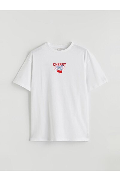 LC Waikiki تي شيرت بناتي أبيض برقبة دائرية مطبوع من LCW Kids